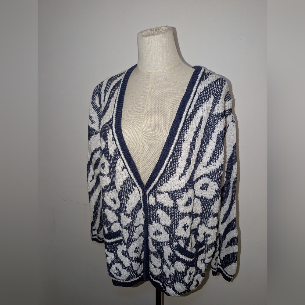 Vintage Ramie/Cotton Blue Leopard Print V Neck Cardigan
